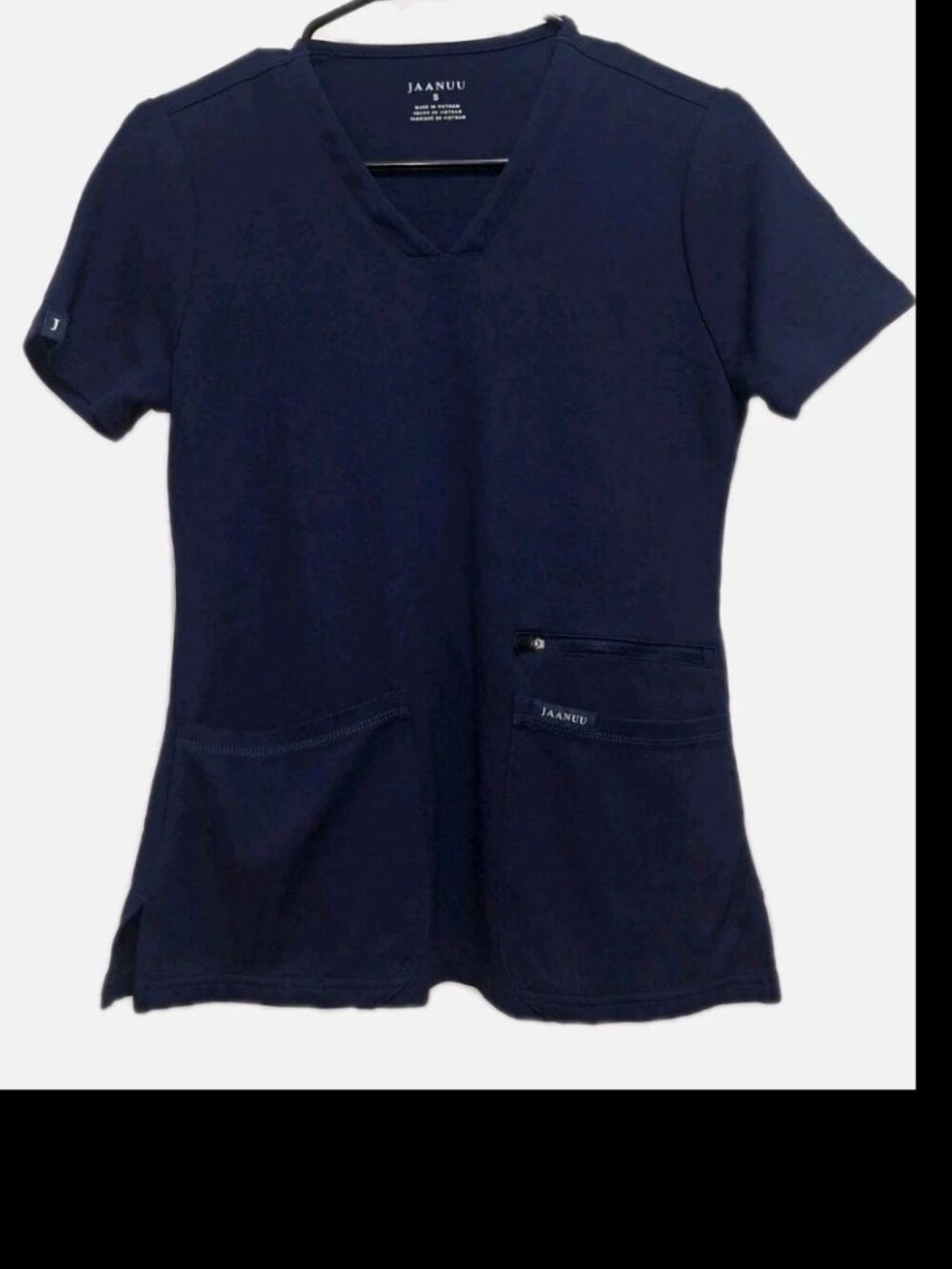 Jaanuu Women’s Small Navy Blue Scrub Top 3 Pocket Stretch Medical Uniform J96202